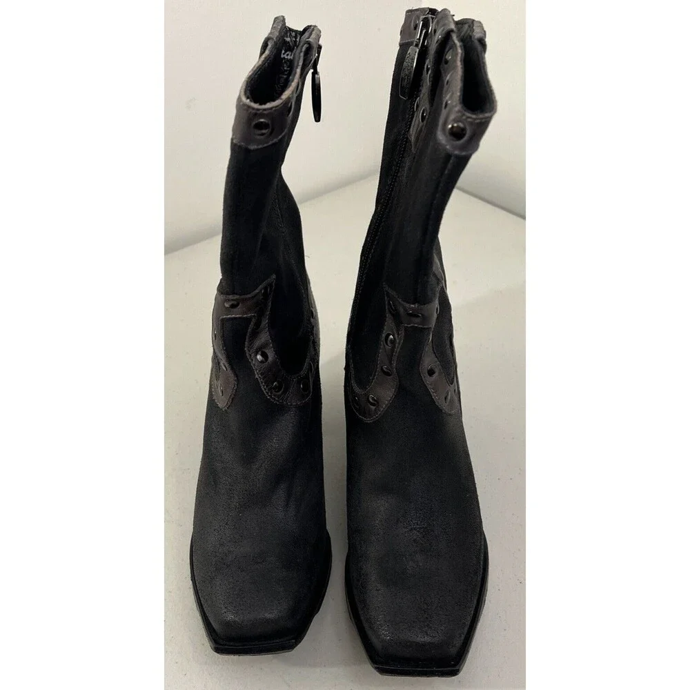 Mark Nason Women’s Black 7 Narrow Rivet Western-Style Boots Chunky Heel, Zip Up